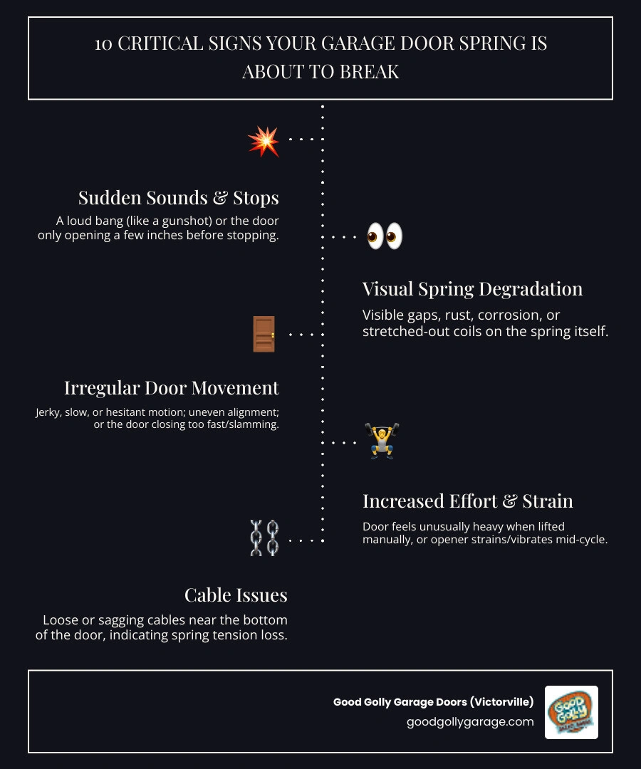 Infographic showing 10 warning signs a garage door spring is about to break with spring tension and counterbalance diagram