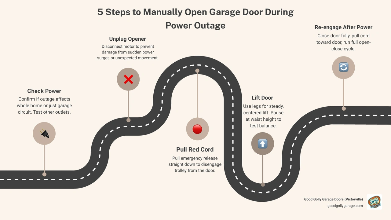 Infographic showing 5 steps to manually operate a garage door during a power outage - power outage and your garage door what
