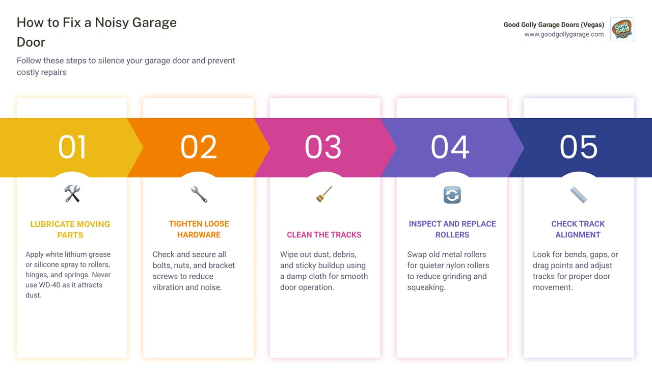 Infographic showing common garage door noises, their causes, and quick fixes for each infographic