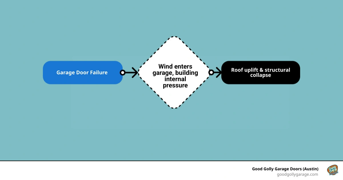 Infographic showing cascade of damage from garage door failure to roof loss during a storm infographic Infographic showing cascade of damage from garage door failure to roof loss during a storm infographic