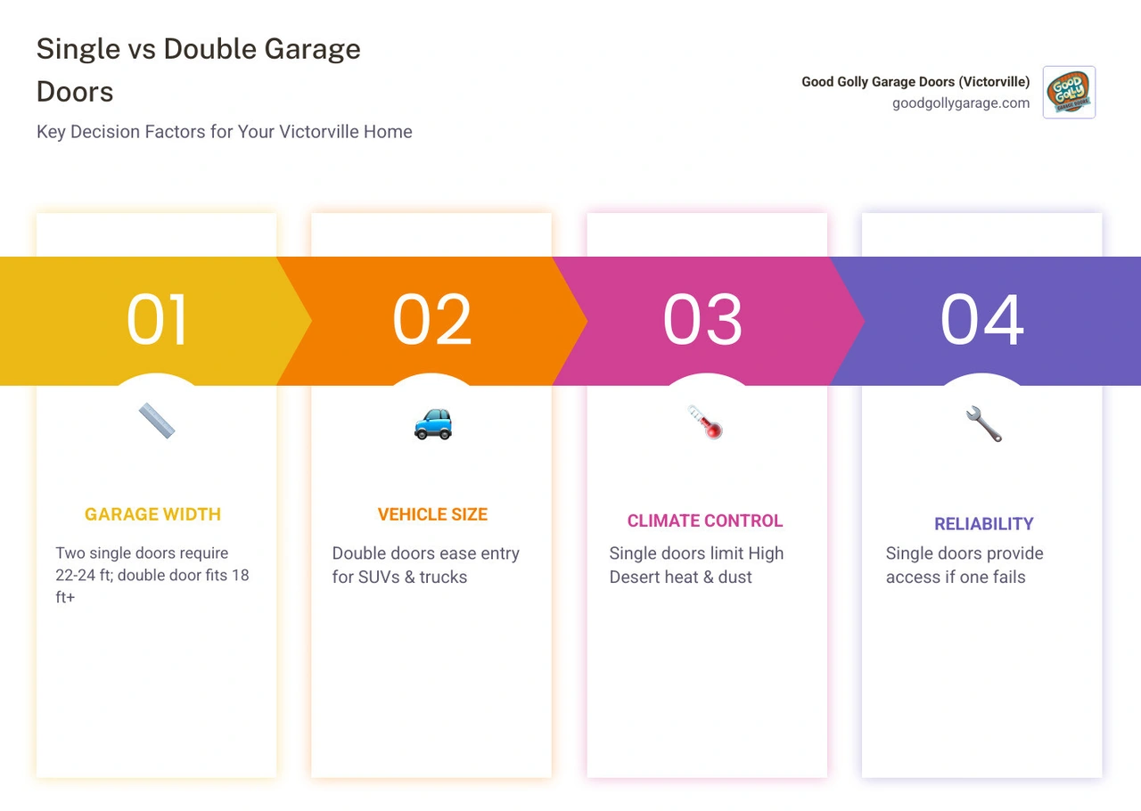 Infographic showing standard single vs double garage door dimensions, width requirements, and key decision factors - how to Infographic showing standard single vs double garage door dimensions, width requirements, and key decision factors - how to