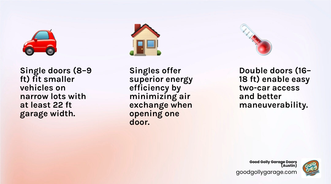 Infographic comparing single vs double garage door configurations including vehicle clearance, garage width, and climate