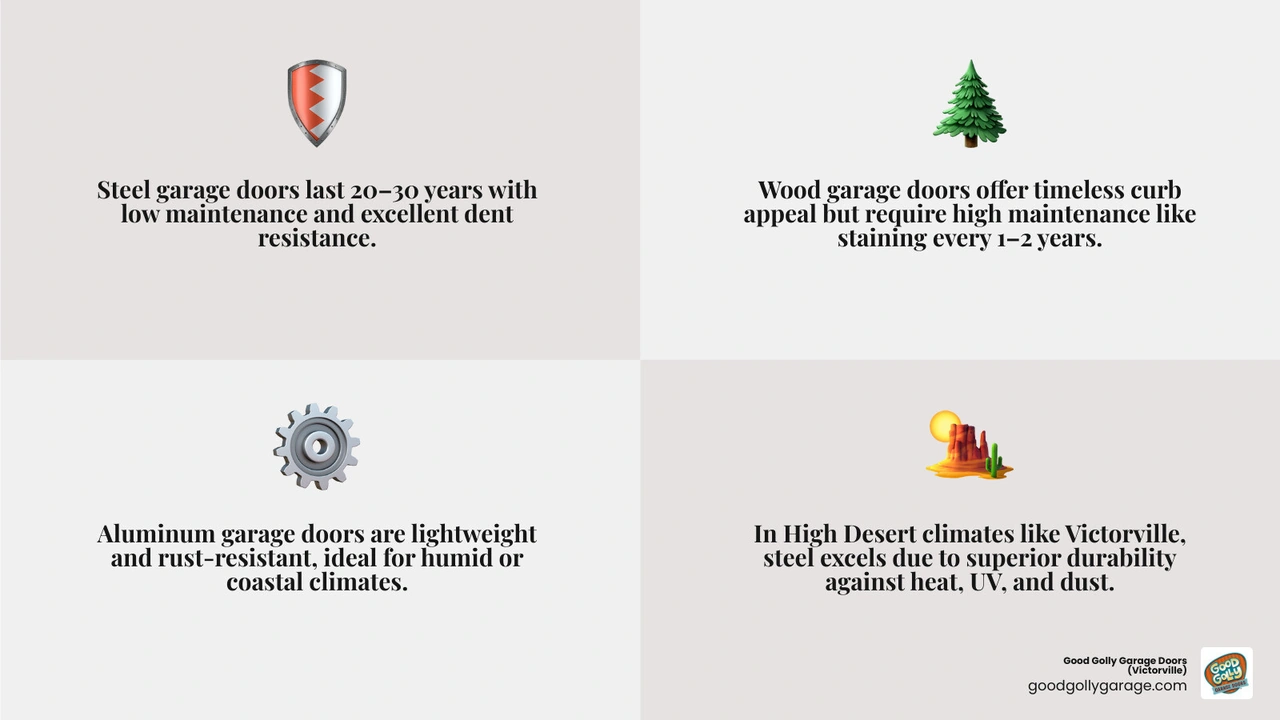 Infographic comparing steel, wood, and aluminum garage door lifespan, maintenance level, insulation rating, and best climate