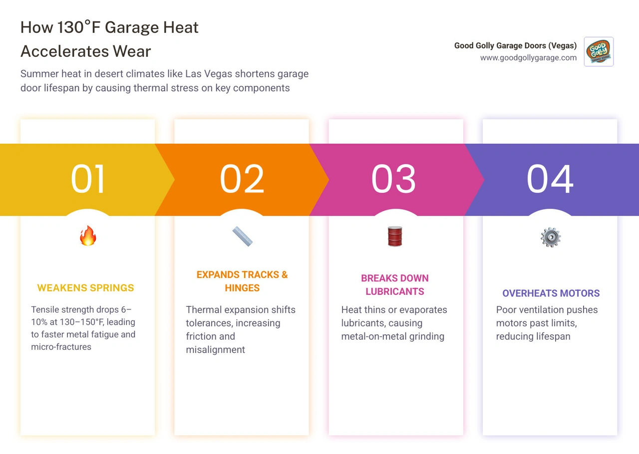 Infographic: How 130°F Las Vegas Garage Temperatures Accelerate Wear on Springs, Tracks, Openers, and Seals infographic
