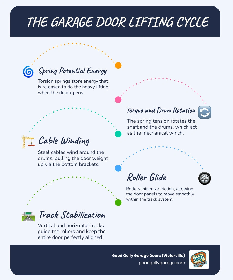 Infographic showing the garage door lifting cycle: spring energy, cable winding, drum rotation, roller movement along tracks Infographic showing the garage door lifting cycle: spring energy, cable winding, drum rotation, roller movement along tracks