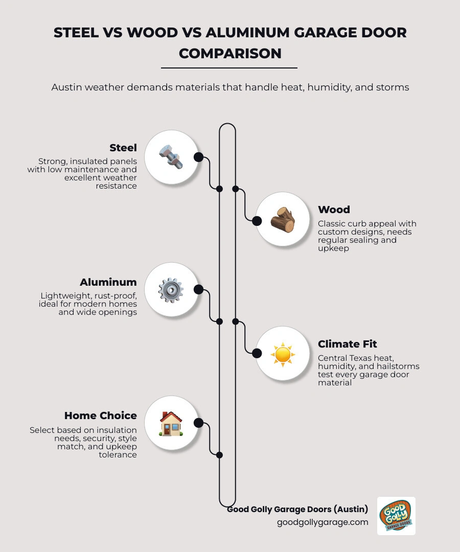 Infographic comparing steel, wood, and aluminum garage doors on durability, maintenance, insulation, and style infographic Infographic comparing steel, wood, and aluminum garage doors on durability, maintenance, insulation, and style infographic