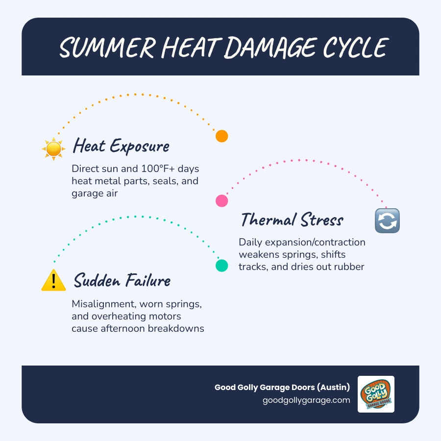 Infographic showing how summer heat accelerates garage door wear through springs, tracks, openers, seals, sensors, and