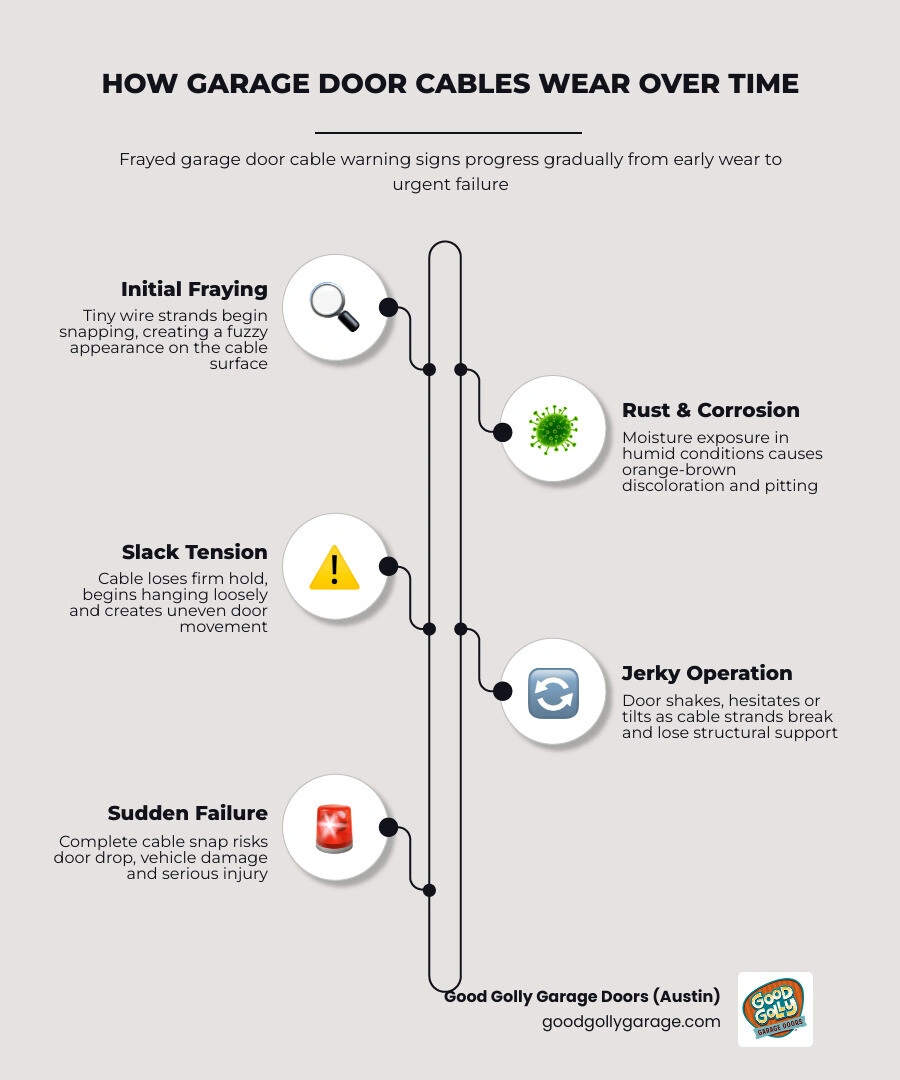Infographic showing how garage door cables wear over time with 9 warning signs from early fraying to urgent failure