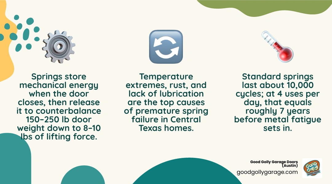 Infographic showing garage door spring tension, cycle ratings, spring types, and top causes of spring failure infographic