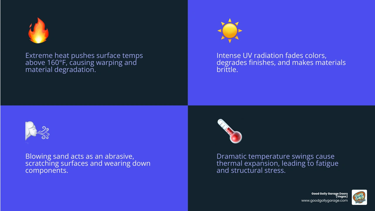 Infographic showing how desert heat, UV rays, sand, and temperature swings affect steel, fiberglass, vinyl, and aluminum
