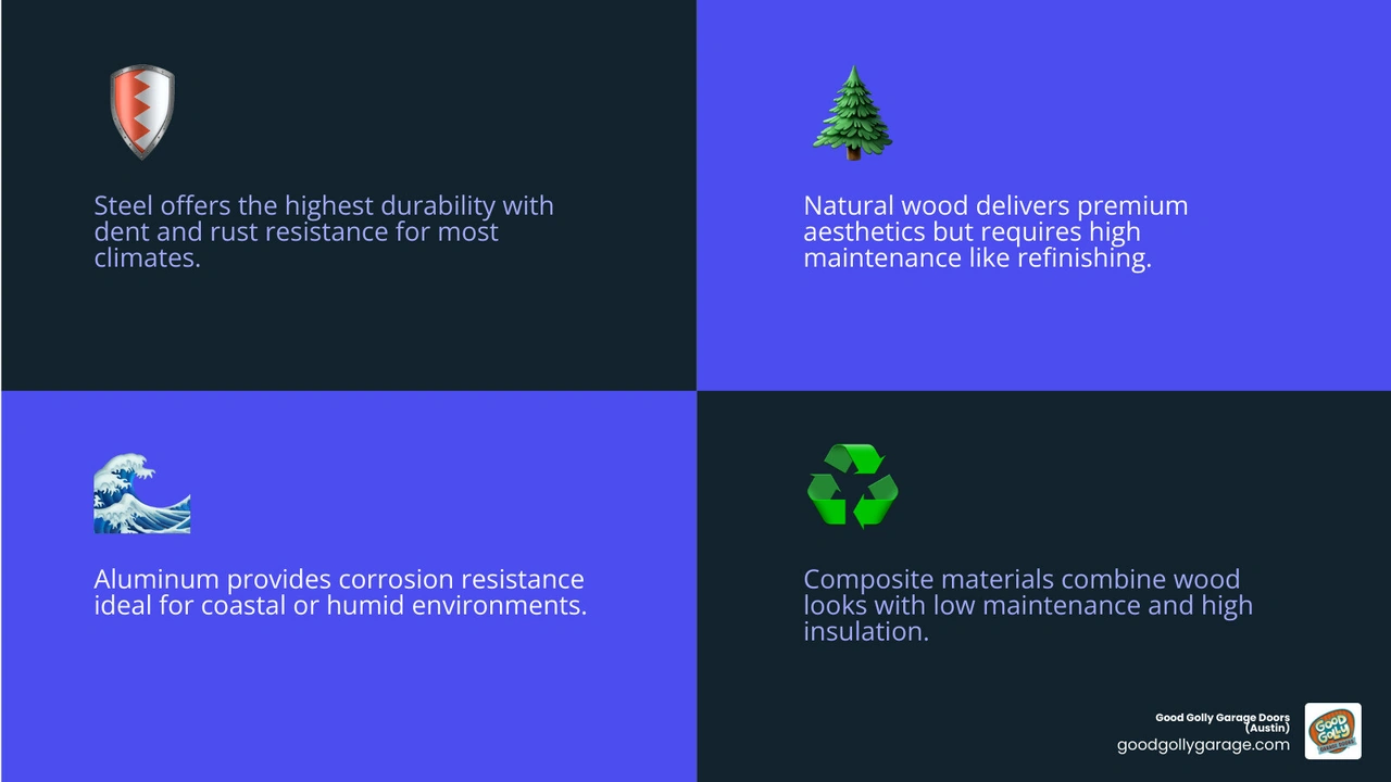 Infographic comparing garage door materials by durability, insulation R-value, maintenance level, and climate suitability