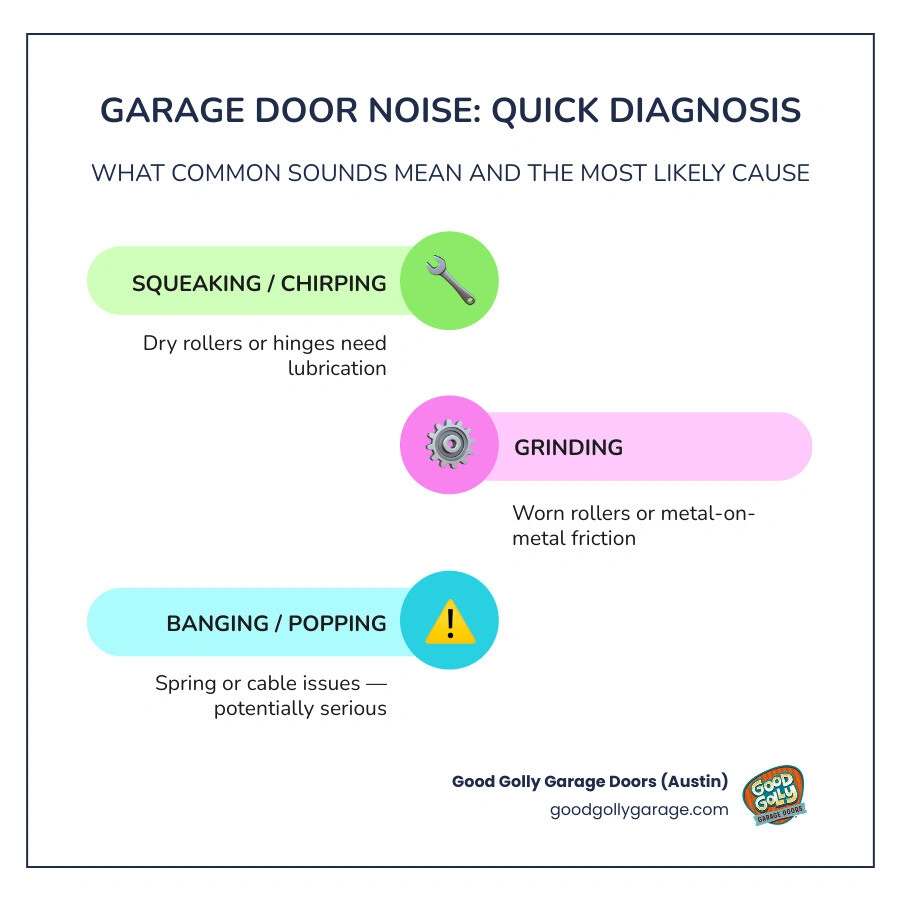 Infographic showing six common garage door noises and their causes including squeaking rollers, loose hardware, worn