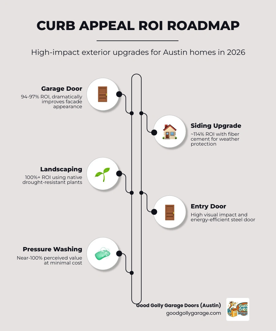 Infographic showing curb appeal improvement ROI rankings from garage doors to landscaping for Austin homeowners infographic Infographic showing curb appeal improvement ROI rankings from garage doors to landscaping for Austin homeowners infographic