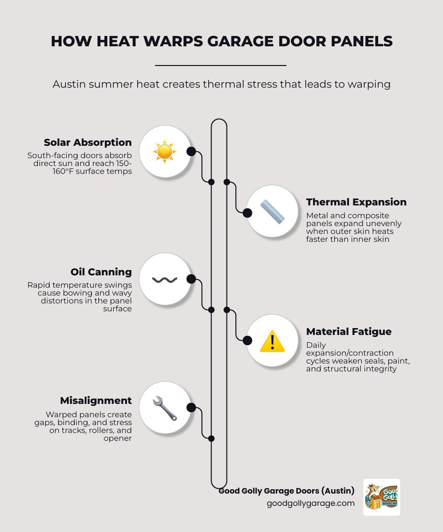 infographic showing how heat causes garage door panels to warp through solar absorption, thermal expansion, and temperature infographic showing how heat causes garage door panels to warp through solar absorption, thermal expansion, and temperature