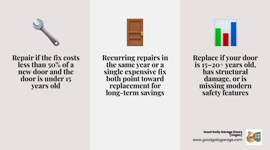 Repair vs replace garage door decision matrix infographic with age thresholds and cost rules infographic Repair vs replace garage door decision matrix infographic with age thresholds and cost rules infographic