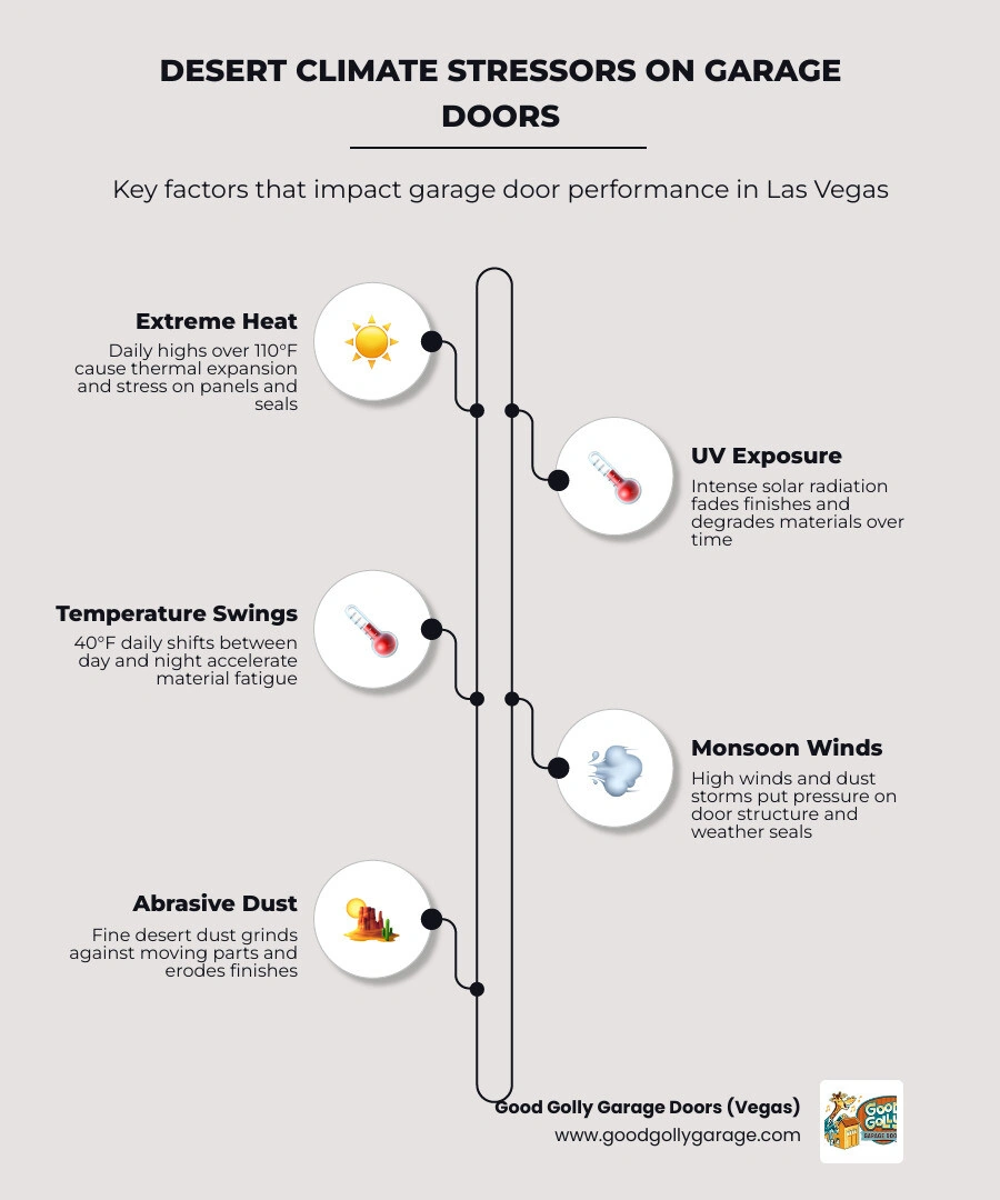 Infographic showing how desert climate stressors like UV exposure, extreme heat, monsoon winds, and dust affect garage door Infographic showing how desert climate stressors like UV exposure, extreme heat, monsoon winds, and dust affect garage door