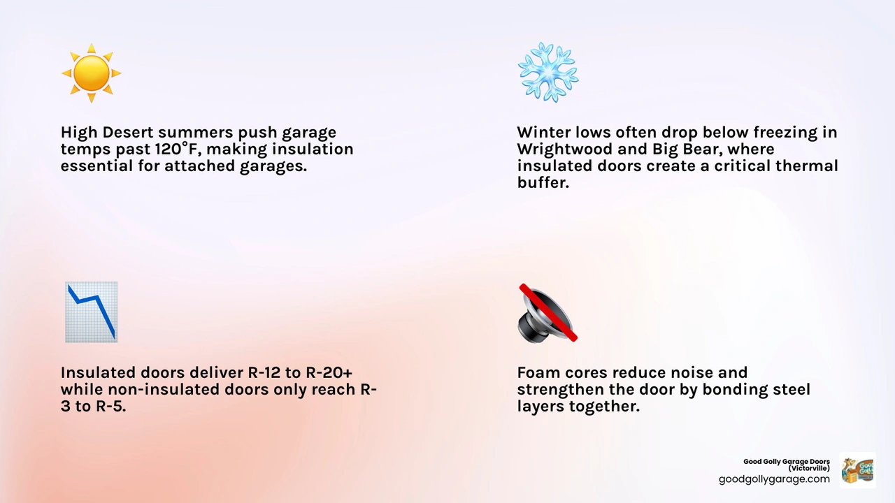 Infographic comparing insulated vs non-insulated garage door performance for high desert climates with R-values and benefits