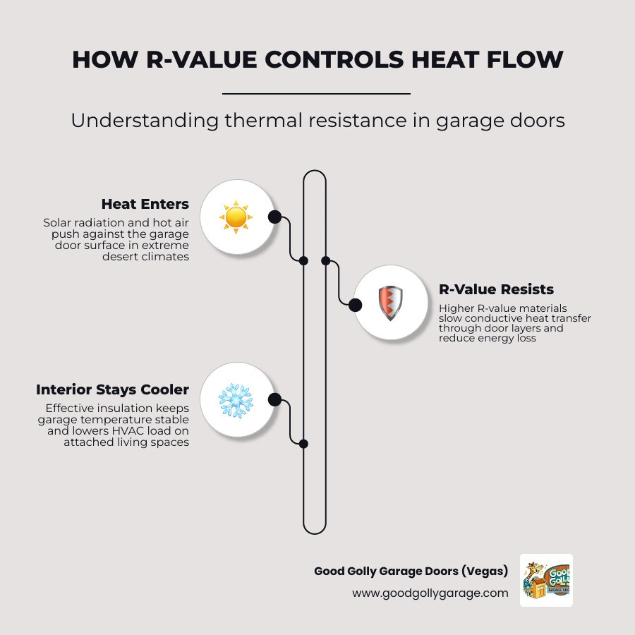 Infographic comparing R-values of standard vs insulated garage doors and their impact on heat transfer infographic