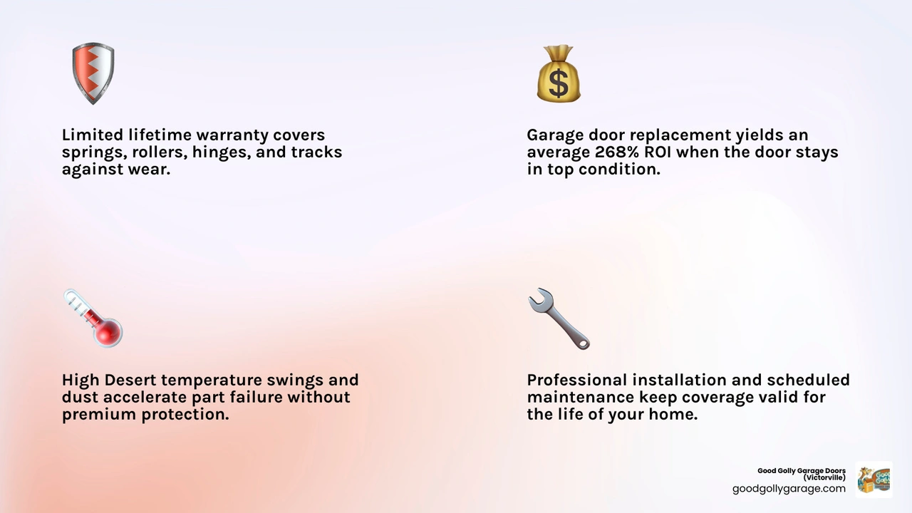 Infographic showing Gold Plan garage door protection benefits: lifetime spring warranty, hardware coverage, maintenance Infographic showing Gold Plan garage door protection benefits: lifetime spring warranty, hardware coverage, maintenance