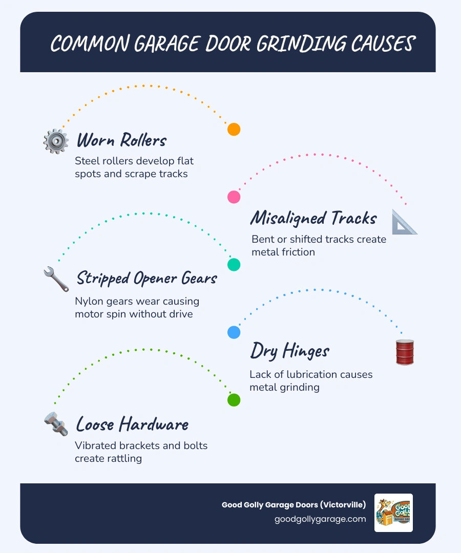 Infographic showing 6 common causes of garage door grinding noise with icons for rollers, tracks, gears, hinges, hardware Infographic showing 6 common causes of garage door grinding noise with icons for rollers, tracks, gears, hinges, hardware