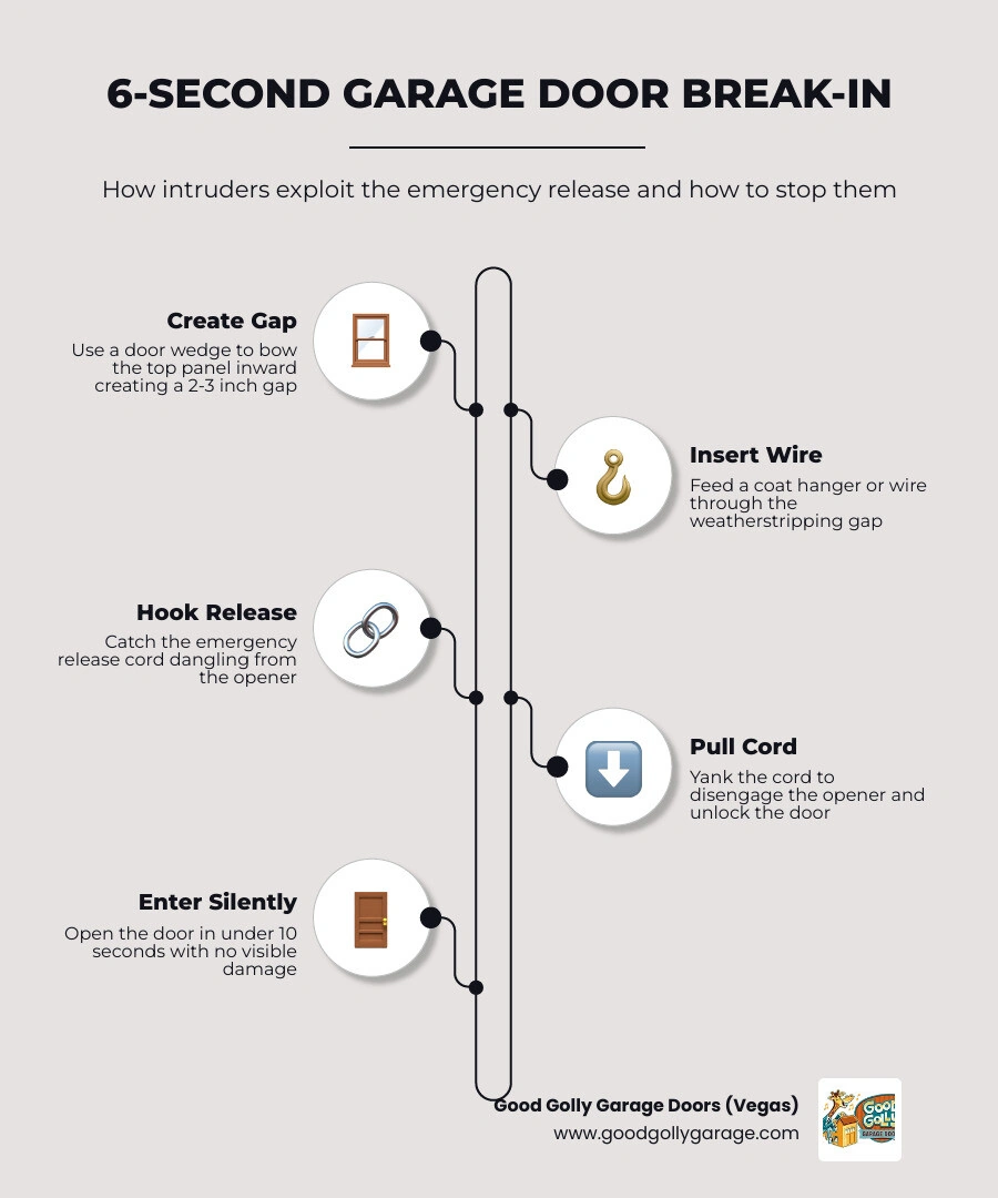 Infographic showing the 6-second garage door break-in method, common vulnerabilities, and quick fixes for homeowners Infographic showing the 6-second garage door break-in method, common vulnerabilities, and quick fixes for homeowners
