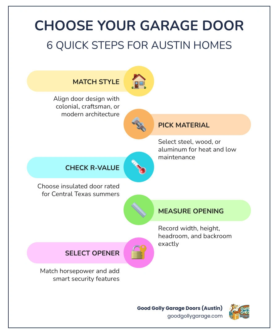 Step-by-step infographic showing how to choose the right garage door: style, material, insulation, size, opener infographic Step-by-step infographic showing how to choose the right garage door: style, material, insulation, size, opener infographic