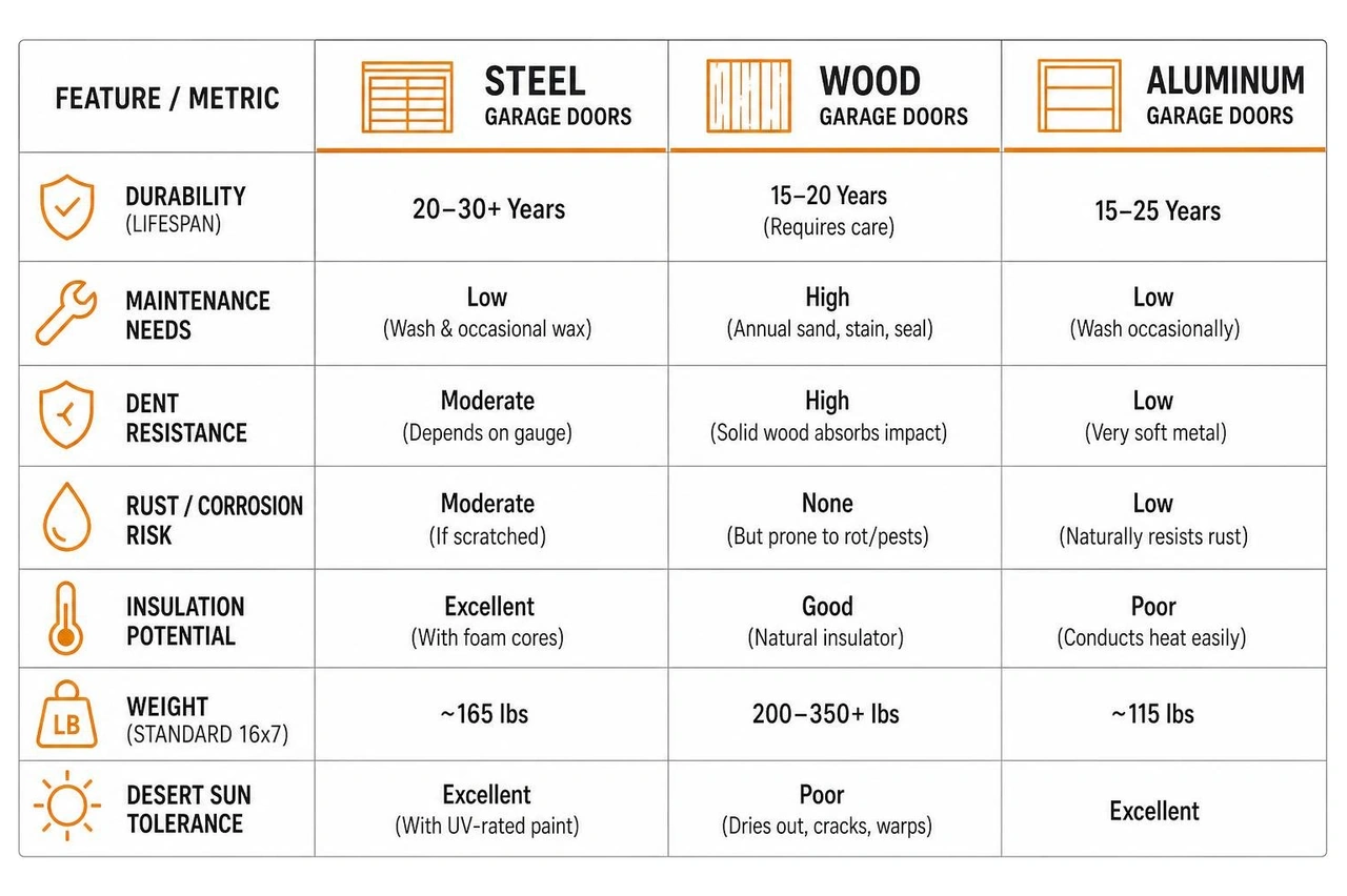 Diagram showing how steel, wood, and aluminum compare across durability, maintenance, and insulation Diagram showing how steel, wood, and aluminum compare across durability, maintenance, and insulation