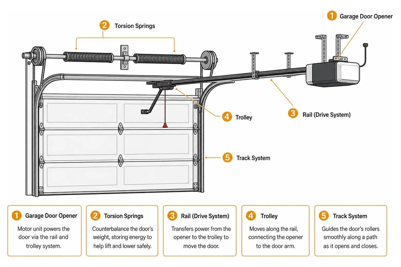 diagram showing the mechanical connection between the garage door opener, torsion springs, and track system