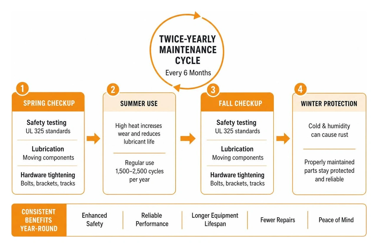 Process diagram showing the ideal twice-yearly garage door maintenance scheduling cycle Process diagram showing the ideal twice-yearly garage door maintenance scheduling cycle