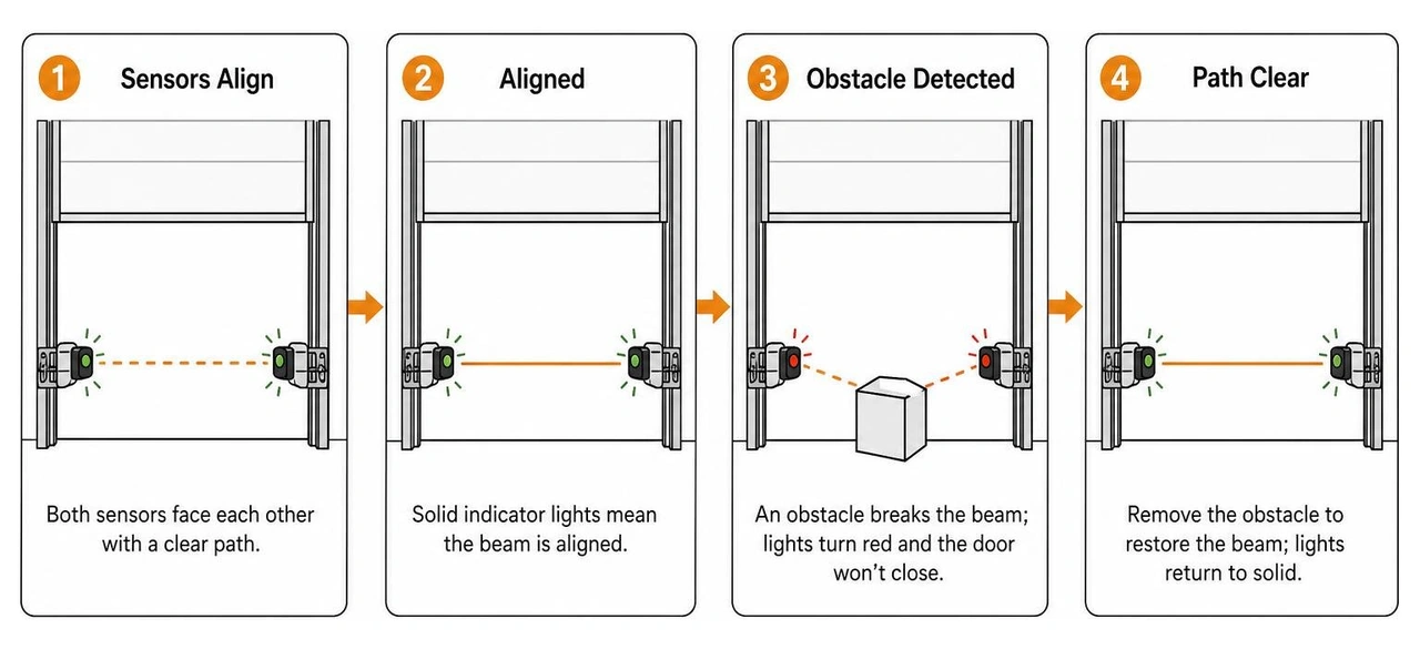 Diagram showing how safety sensors align and detect obstacles Diagram showing how safety sensors align and detect obstacles