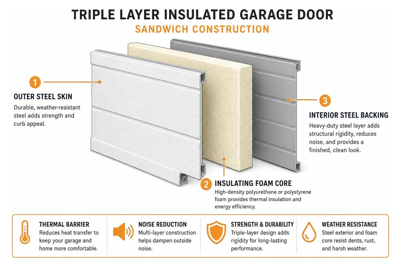 diagram explaining the sandwich construction of a triple layer insulated garage door diagram explaining the sandwich construction of a triple layer insulated garage door