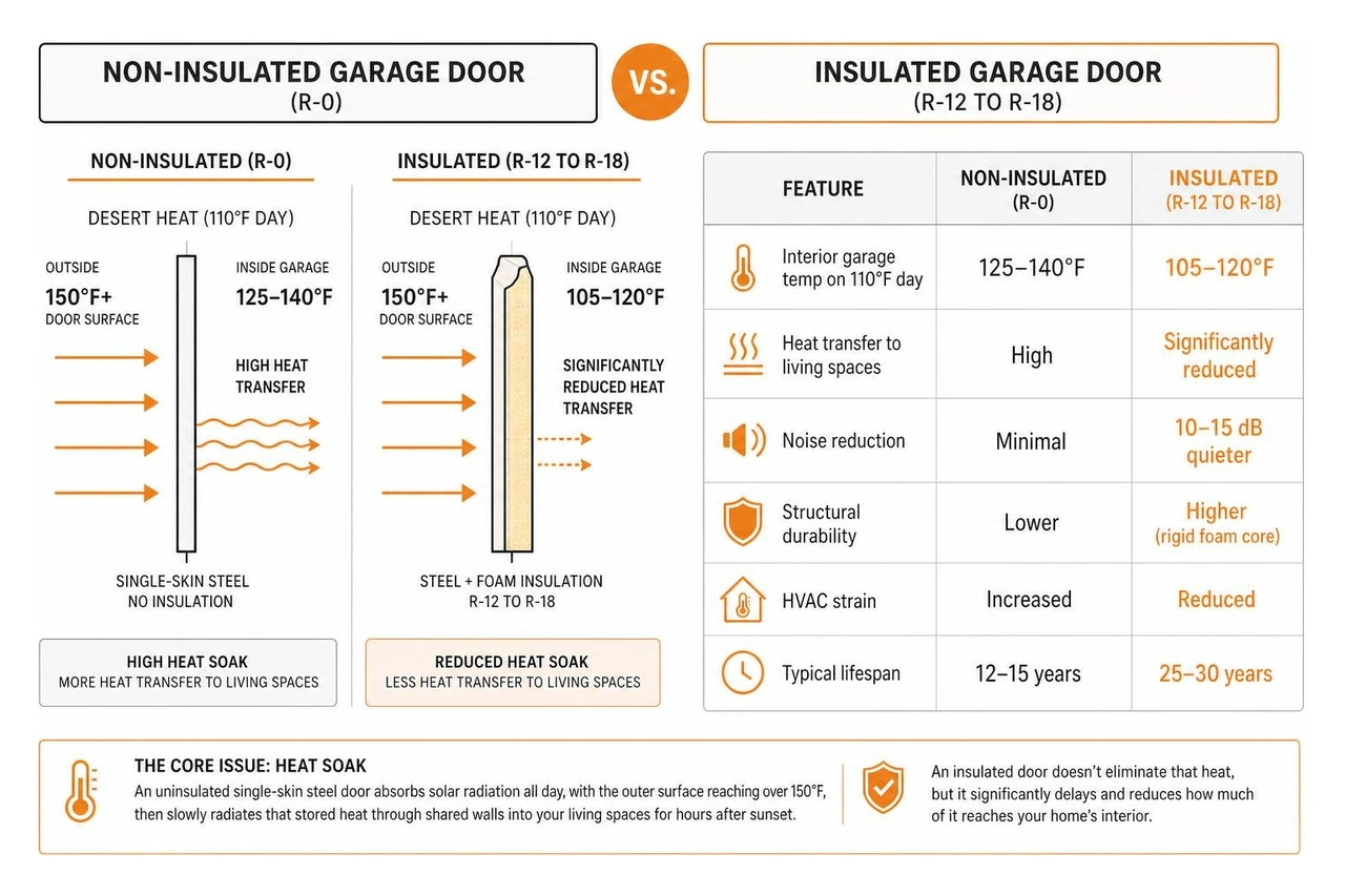 Infographic comparing insulated vs non-insulated garage door heat transfer performance in desert heat Infographic comparing insulated vs non-insulated garage door heat transfer performance in desert heat