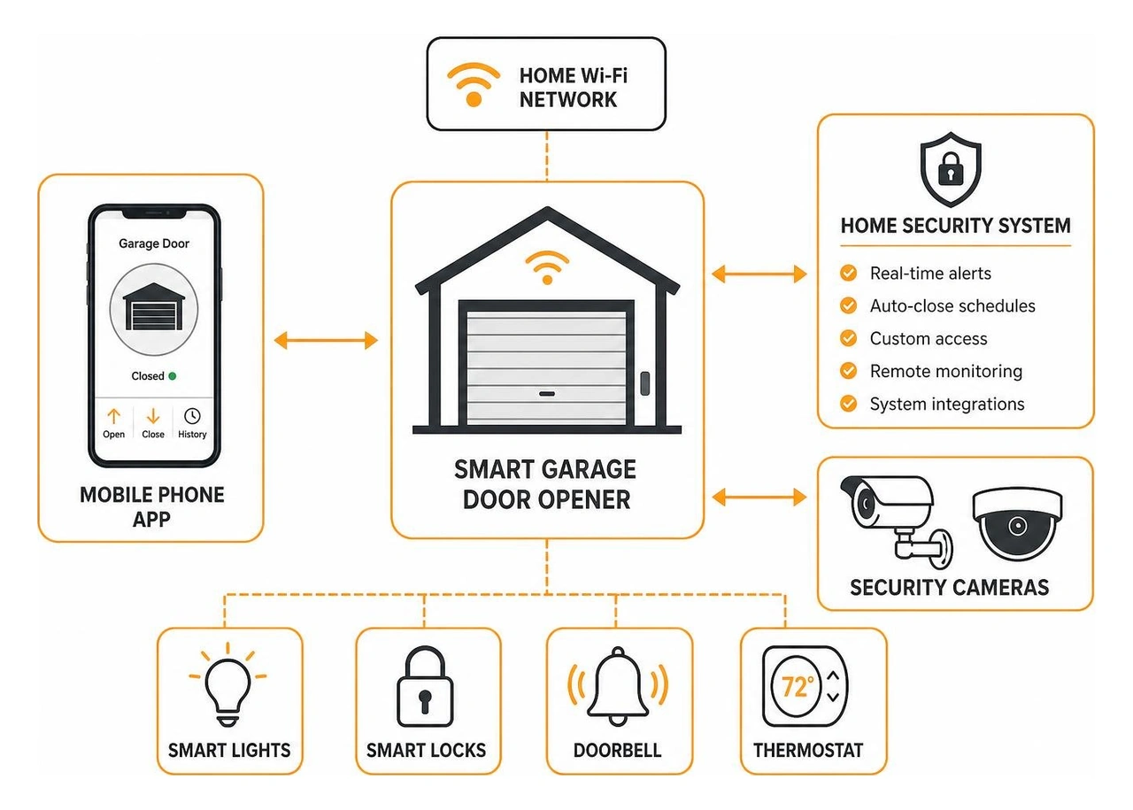 Diagram showing how smart garage door openers connect to home security systems, mobile phones, and cameras