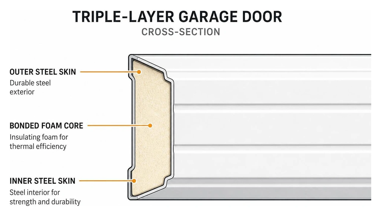 Diagram showing the cross-section of a triple-layer garage door with steel outer skins and a bonded foam core Diagram showing the cross-section of a triple-layer garage door with steel outer skins and a bonded foam core