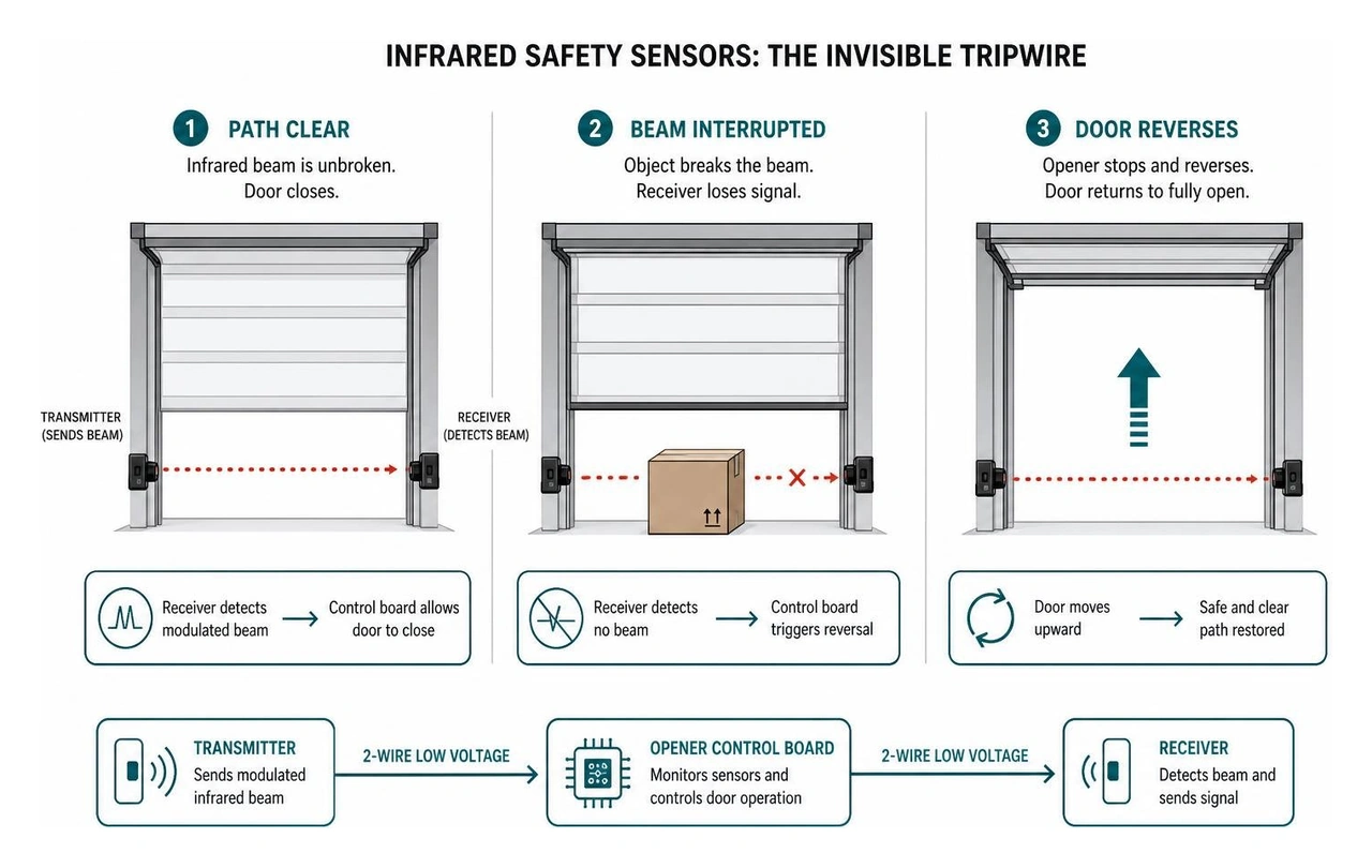 Diagram showing how the infrared beam acts as an invisible tripwire that reverses the door when interrupted