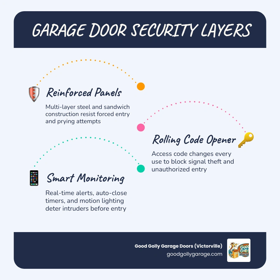 Infographic showing garage door security layers from reinforced panels to smart openers and motion lighting infographic