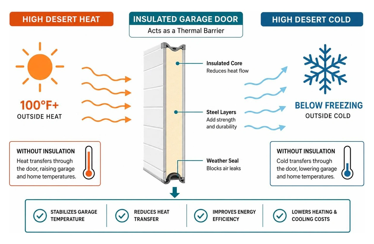 Diagram showing how an insulated garage door acts as a thermal barrier against High Desert heat and cold