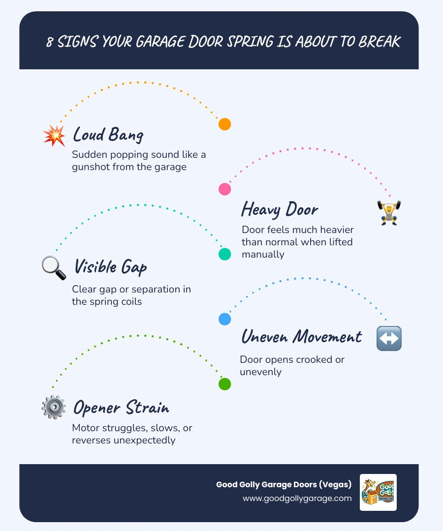 infographic showing 8 warning signs of a failing garage door spring with icons for each symptom infographic