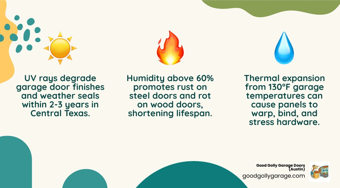 Infographic comparing garage door materials for Central Texas heat, humidity, and UV performance infographic