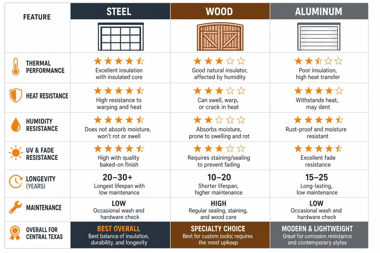 Diagram comparing the thermal performance and longevity of steel, wood, and aluminum garage doors Diagram comparing the thermal performance and longevity of steel, wood, and aluminum garage doors