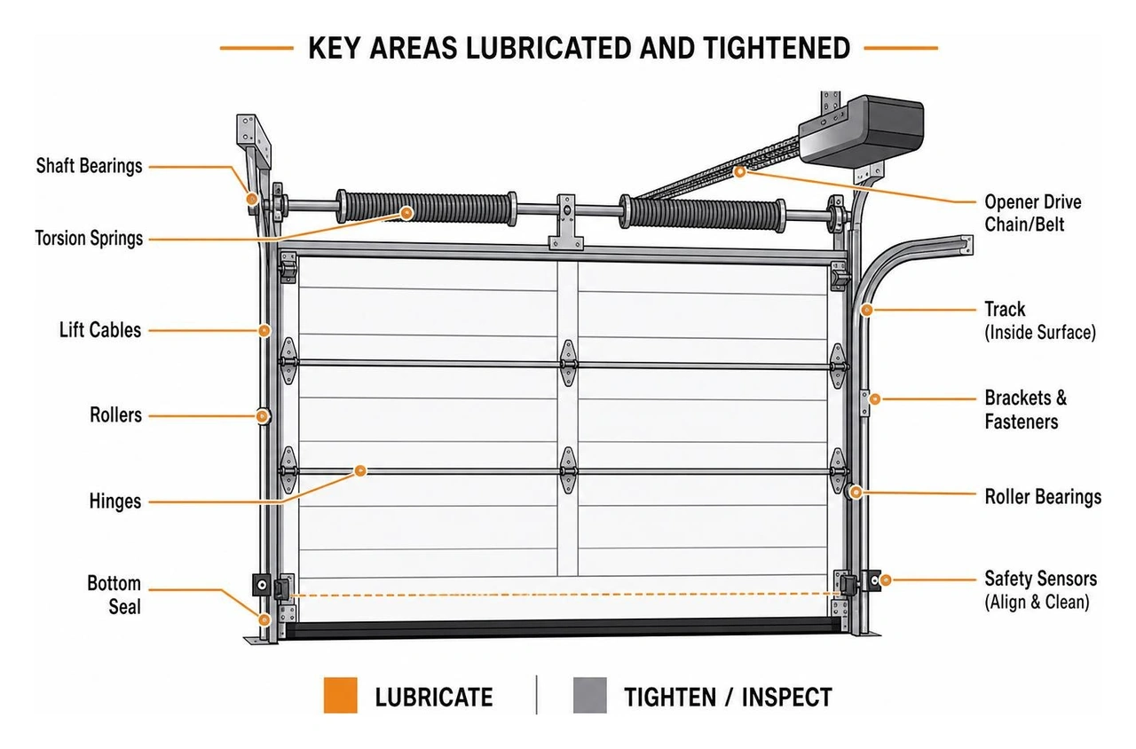Diagram showing the main areas of a garage door system that receive lubrication and tightening Diagram showing the main areas of a garage door system that receive lubrication and tightening