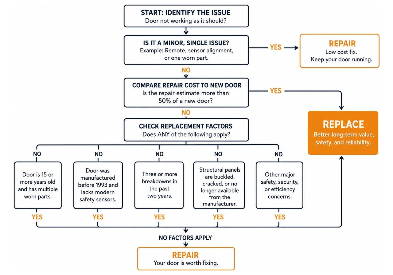 Garage door decision tree diagram showing the logical progression from initial symptom to repair or replace decision Garage door decision tree diagram showing the logical progression from initial symptom to repair or replace decision