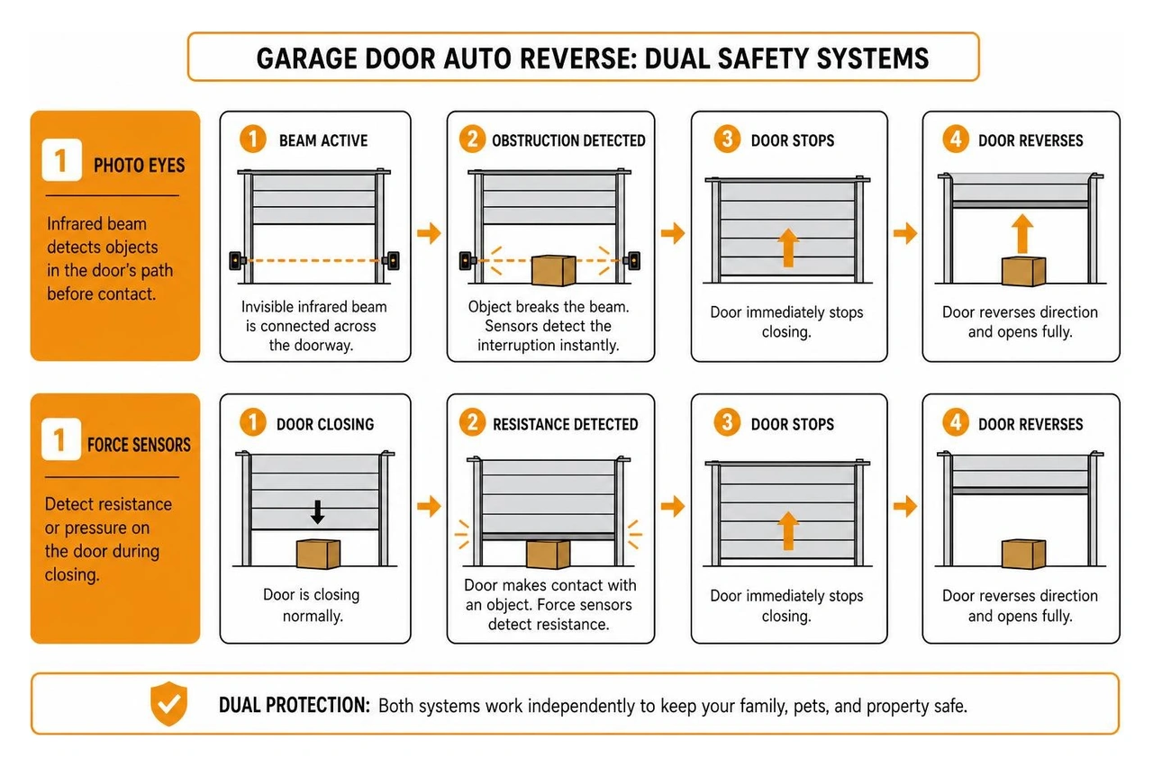 infographic showing how garage door auto reverse dual safety systems work with photo eyes and force sensors