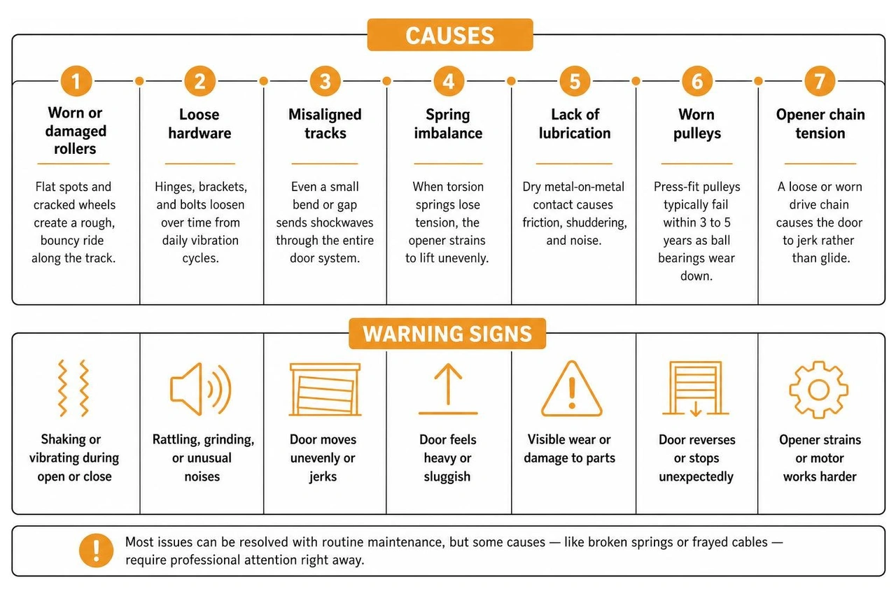 infographic showing causes and warning signs of garage door shaking or vibrating during operation