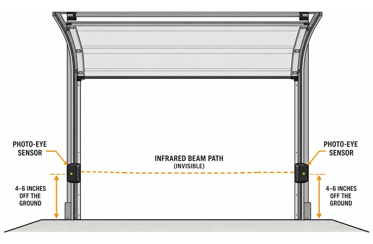 Diagram showing the path of the infrared beam between photo-eye sensors 4 to 6 inches off the ground Diagram showing the path of the infrared beam between photo-eye sensors 4 to 6 inches off the ground