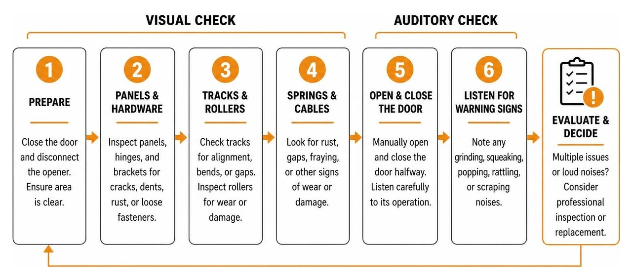 diagram illustrating the step-by-step visual and auditory check for garage door wear