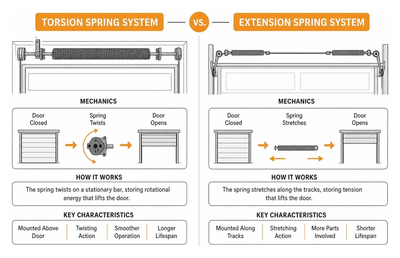 diagram comparing the mechanics of torsion and extension spring systems diagram comparing the mechanics of torsion and extension spring systems