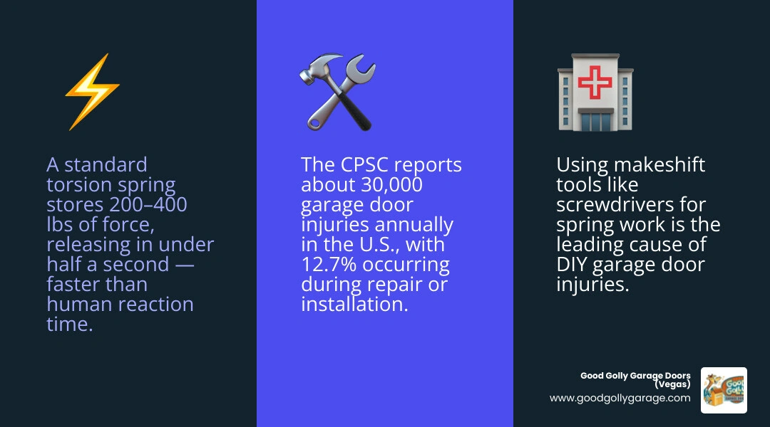 Infographic showing the top 6 reasons why garage door spring repair should never be DIY infographic Infographic showing the top 6 reasons why garage door spring repair should never be DIY infographic