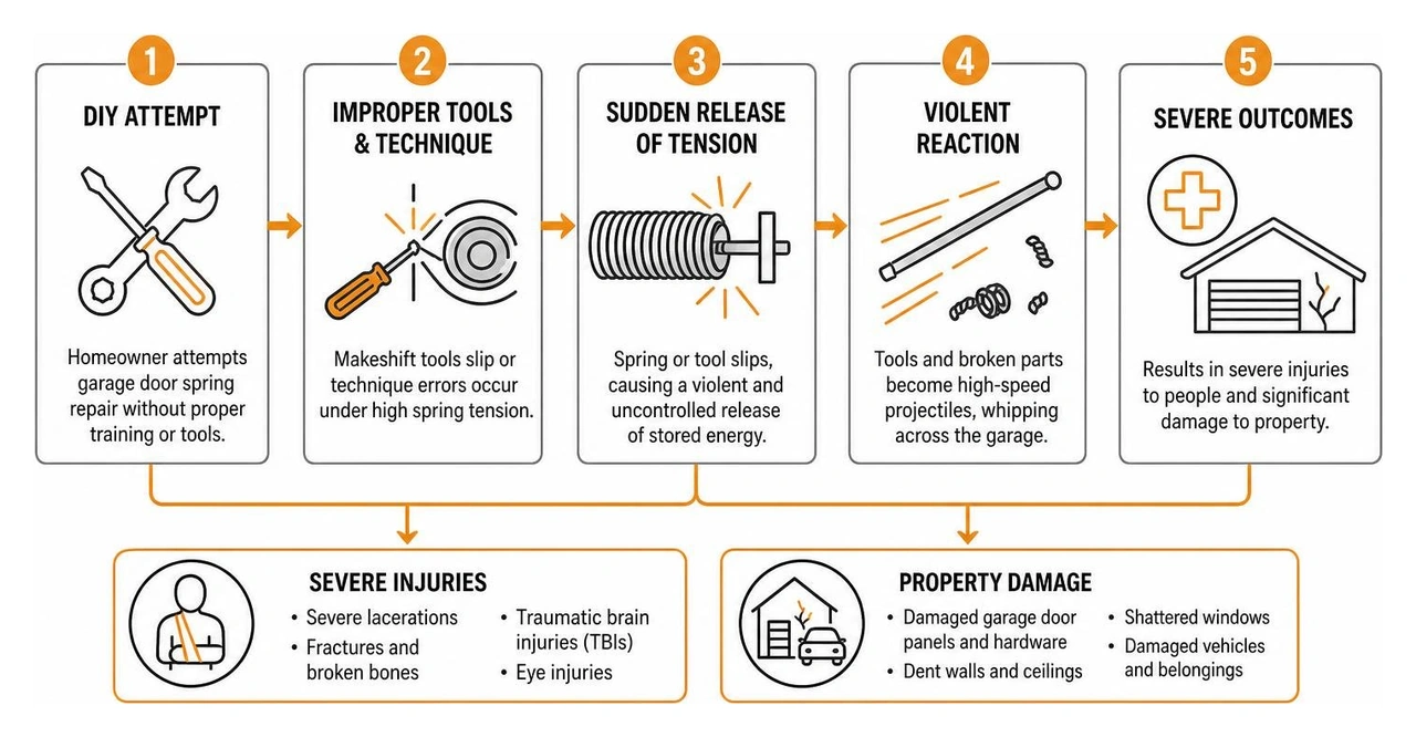 Process diagram showing how DIY spring repair attempts lead to severe injuries and property damage Process diagram showing how DIY spring repair attempts lead to severe injuries and property damage