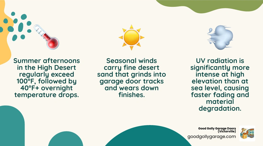 Infographic comparing garage door materials for high desert climate performance including heat resistance UV durability and